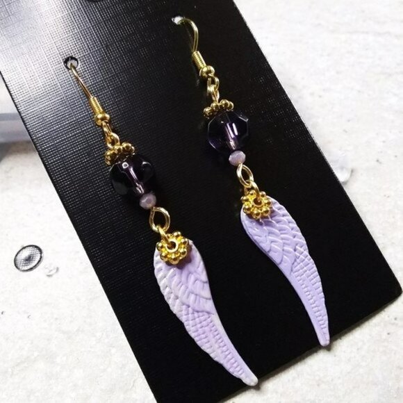 Purple, Lilac + Gold! Angel Wings Dangle Earrings! Patina Painted Wings - Picture 1 of 7